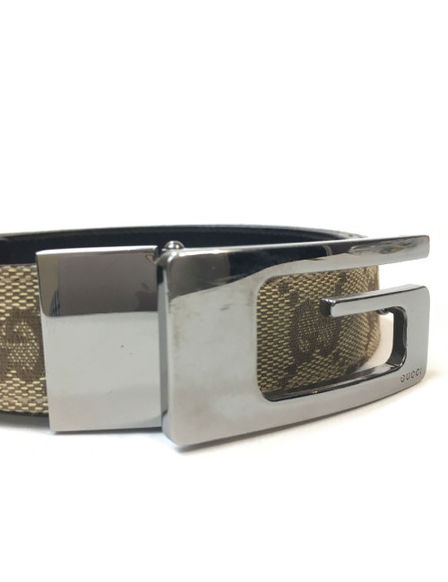 Ceinture GUCCI T 80 en toile monogram beige et cuir marron