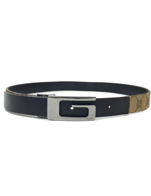 Ceinture GUCCI T 80 en toile monogram beige et cuir marron