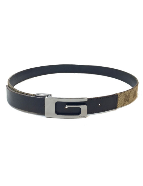 Ceinture GUCCI T 80 en toile monogram beige et cuir marron