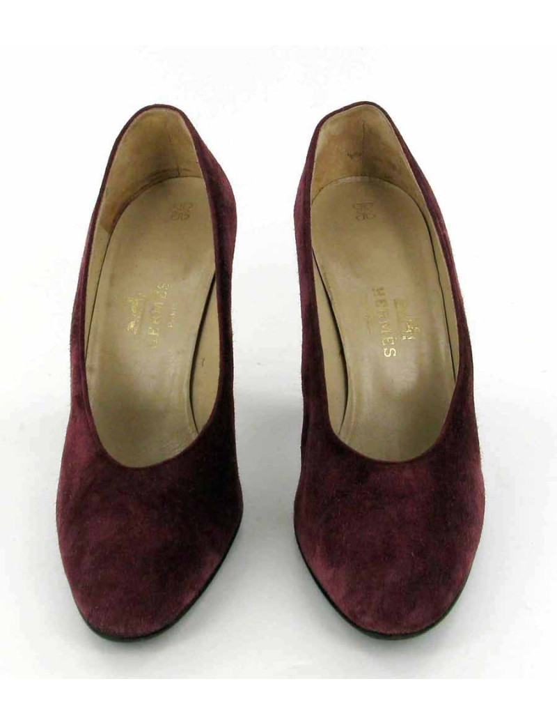 Escarpins HERMES en daim grenat T.38.5
