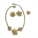 Parure YSL Yves Saint Laurent Collier, broche et boucles d'oreilleclips fleur en métal doré