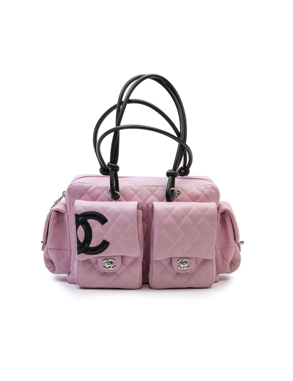 Sac CHANEL "Cambon" cuir d'agneau lisse et matelassé rose e "CC" noir
