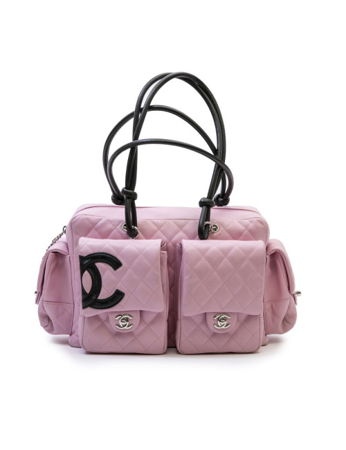 Sac CHANEL "Cambon" cuir d'agneau lisse et matelassé rose e "CC" noir