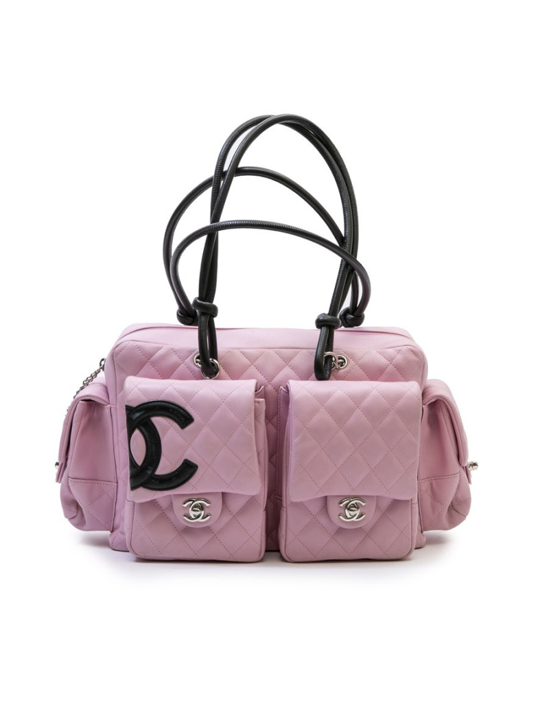 Sac CHANEL "Cambon" cuir d'agneau lisse et matelassé rose e "CC" noir