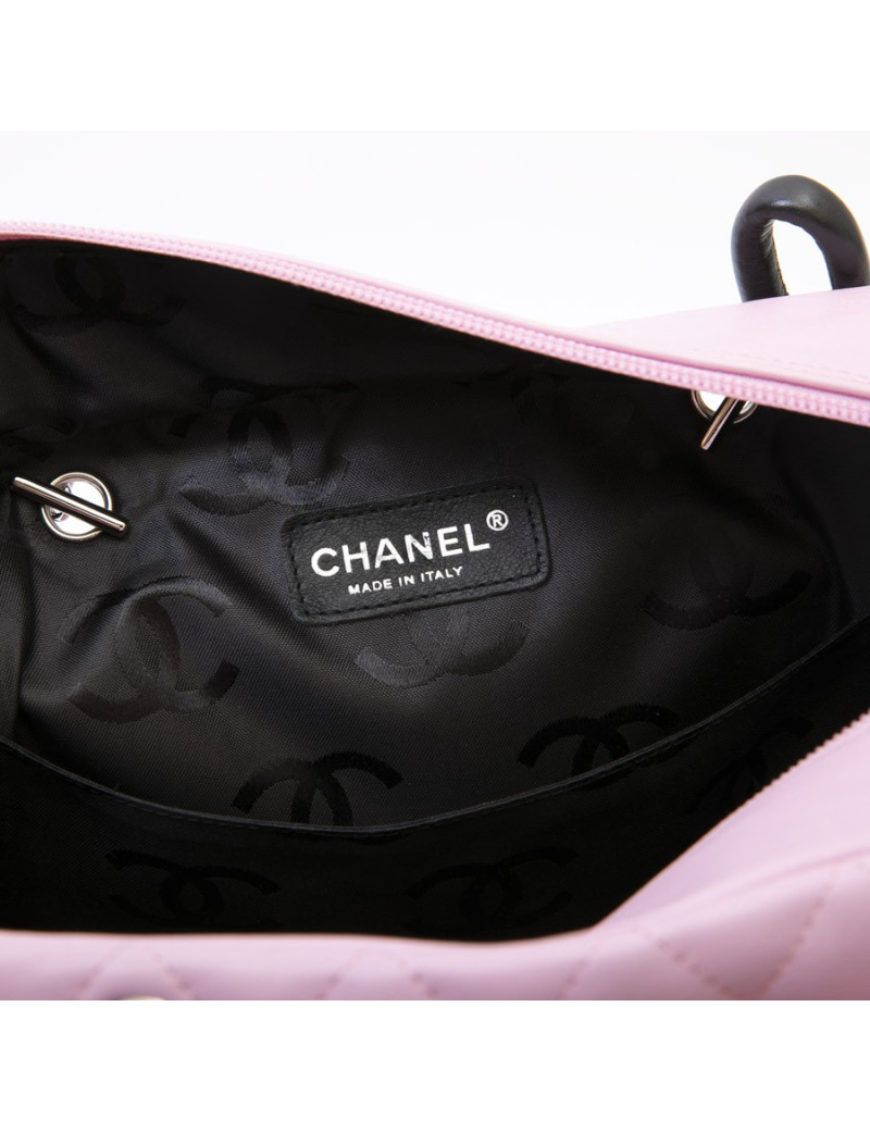 Sac CHANEL "Cambon" cuir d'agneau lisse et matelassé rose e "CC" noir