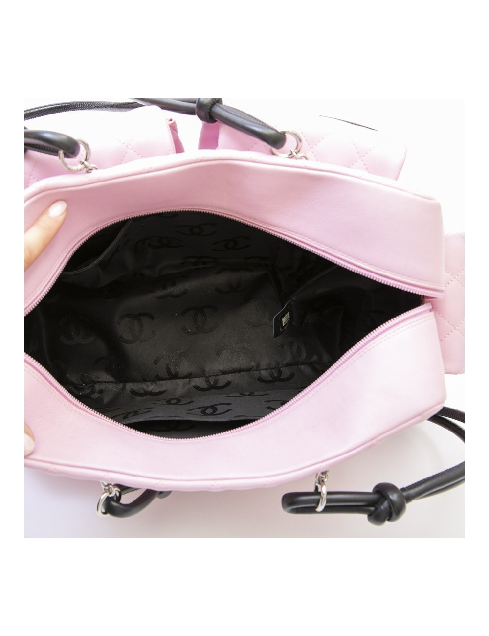 CHANEL Cambon large bag in pink smooth quilted lamb leather