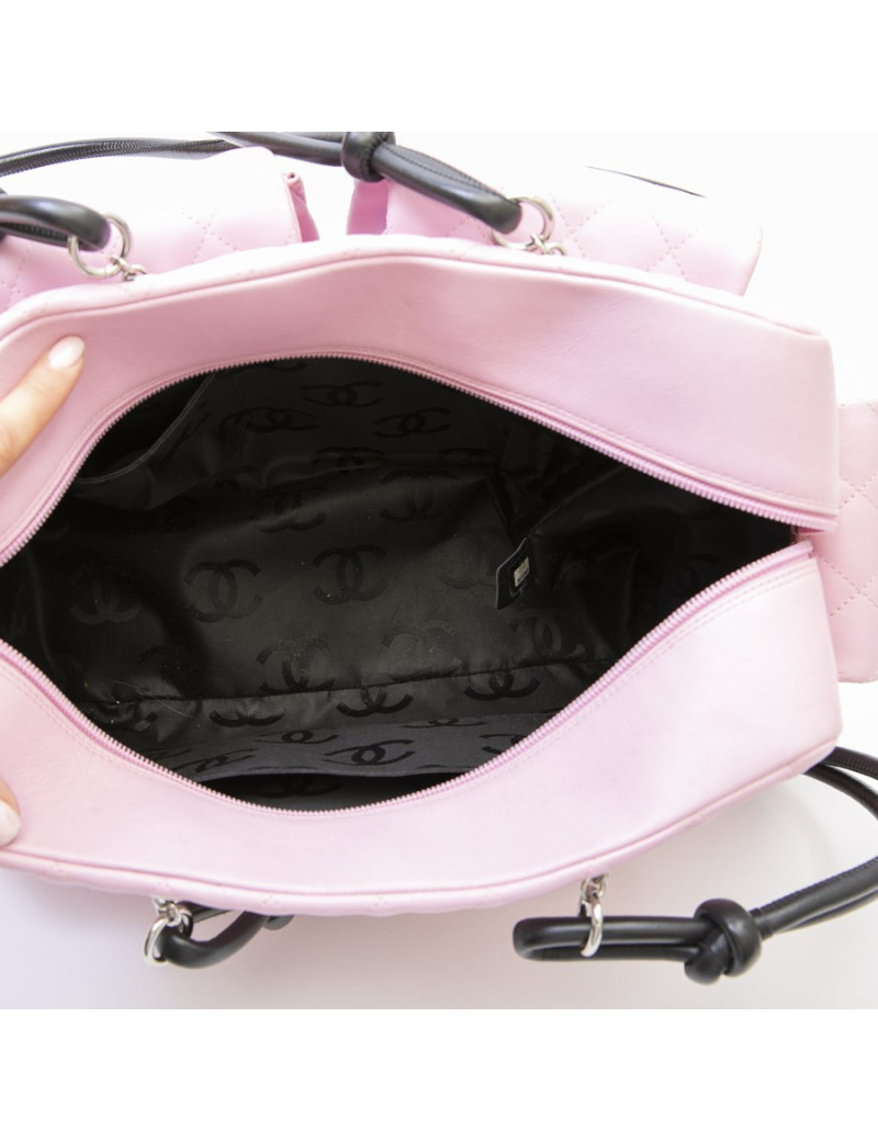 Sac CHANEL "Cambon" cuir d'agneau lisse et matelassé rose e "CC" noir