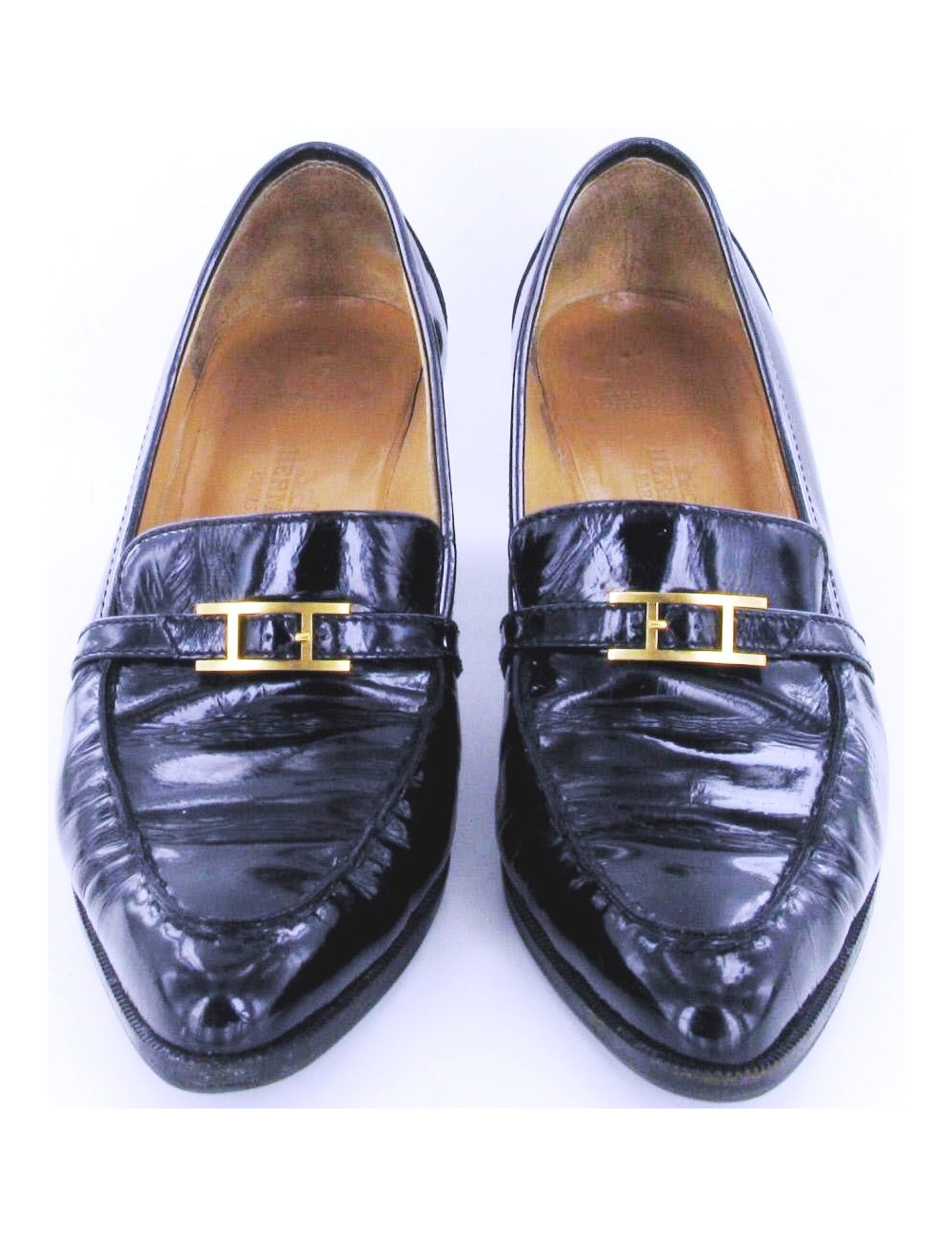 Escarpins HERMES façon mocassins vernis noir T 36.5