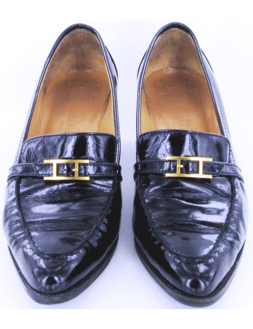Escarpins HERMES façon mocassins vernis noir T 36.5