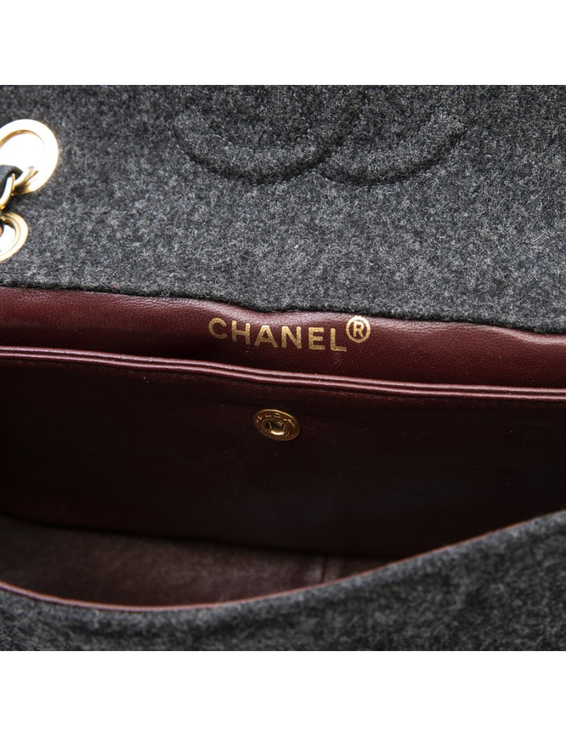 Sac CHANEL laine grise et cuir matelassé noir