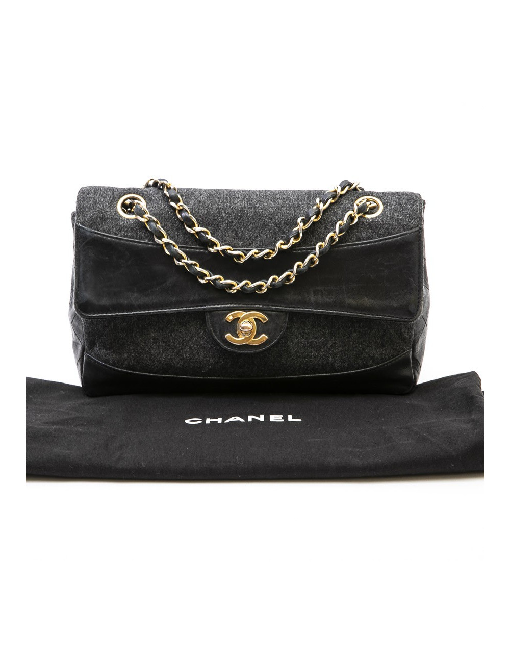 Sac CHANEL tweed et cuir noir