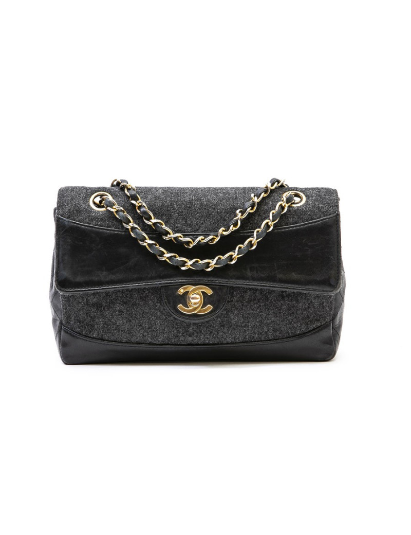 Sac CHANEL laine grise et cuir matelassé noir