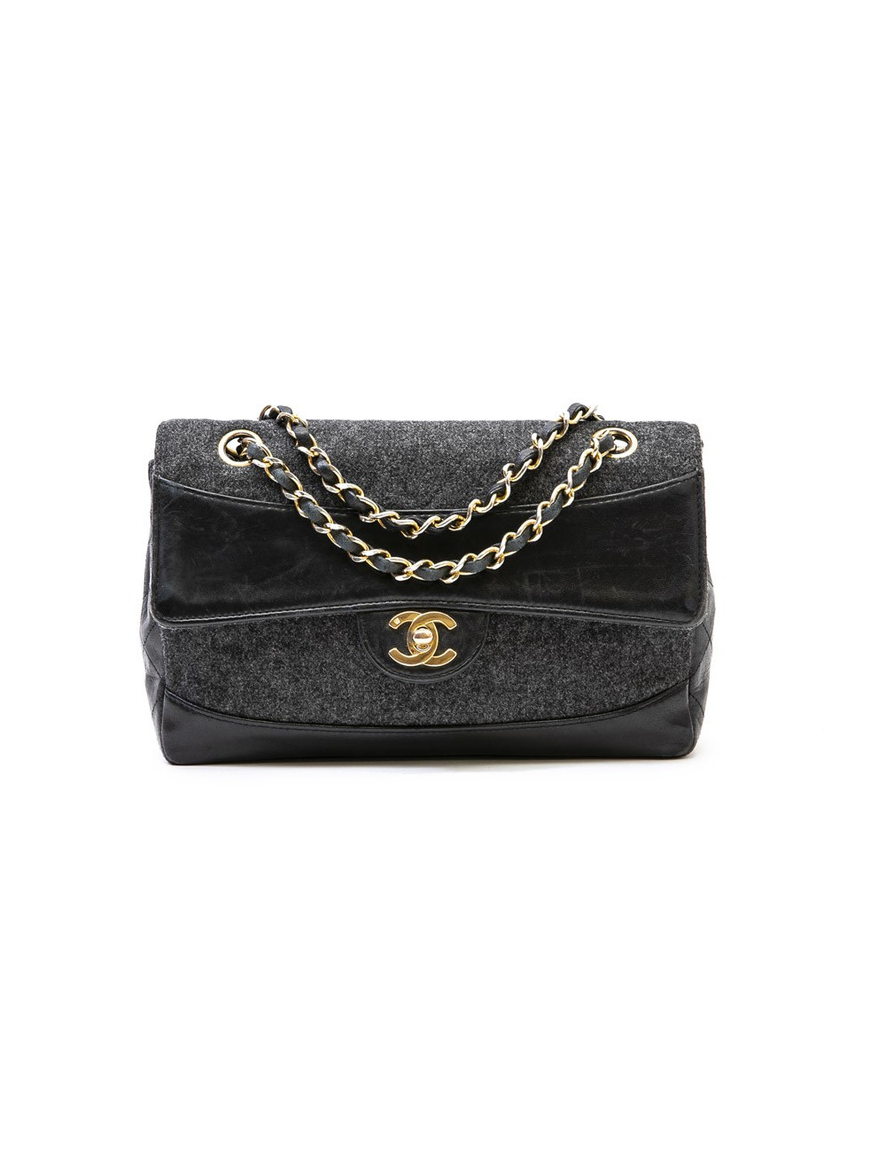 Sac CHANEL tweed et cuir noir