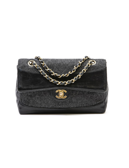 Sac CHANEL tweed et cuir noir