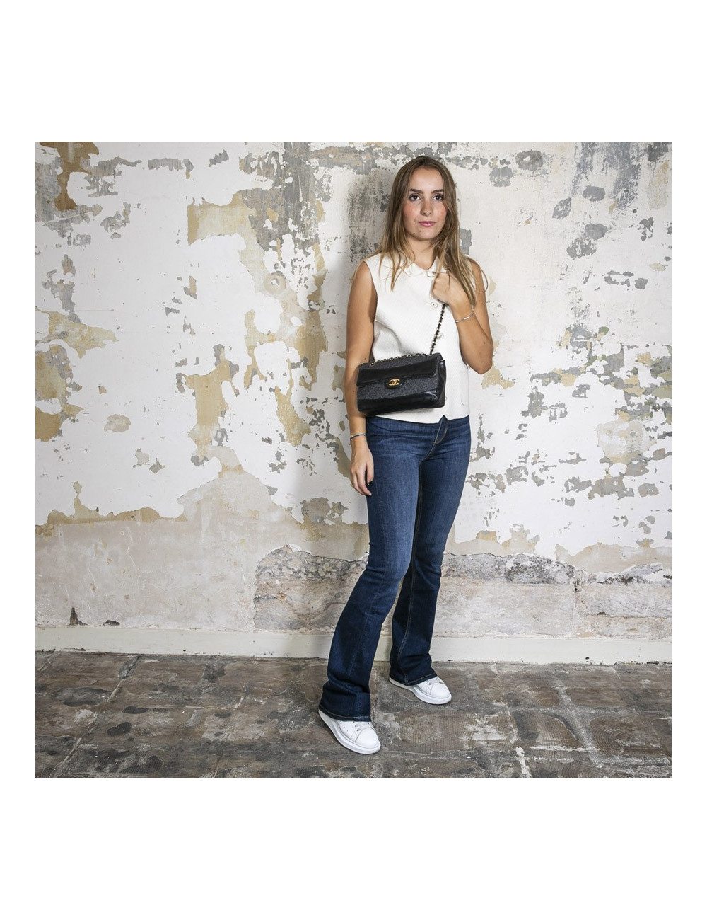 Sac CHANEL tweed et cuir noir