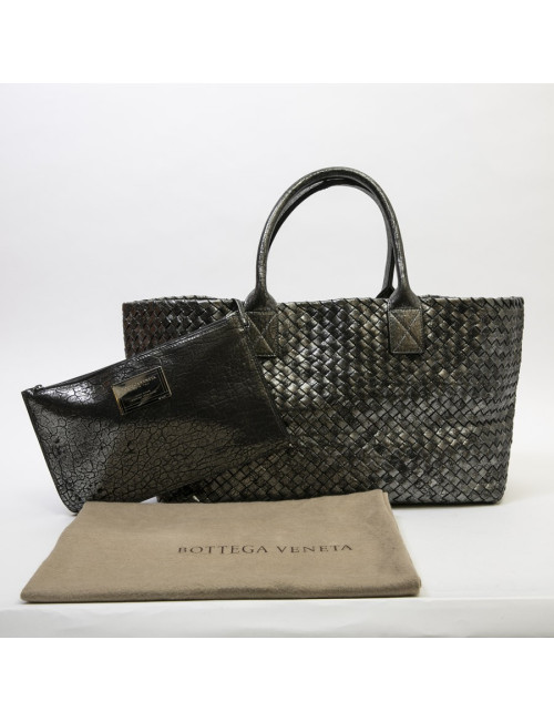 Sac tressé BOTTEGA VENETA en cuir gris brillant vieilli GM