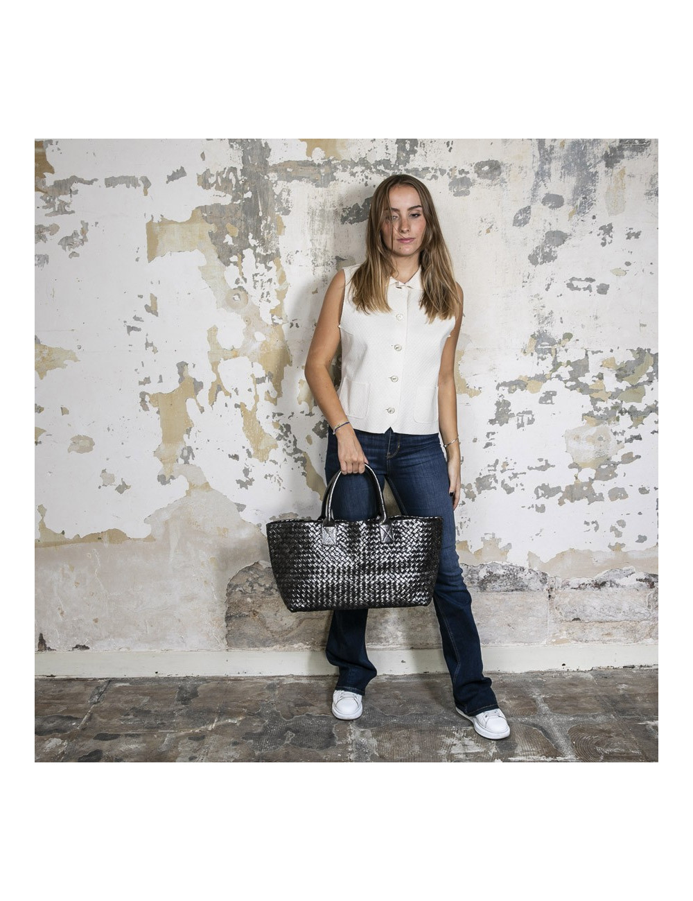 Sac tressé BOTTEGA VENETA en cuir gris brillant vieilli GM
