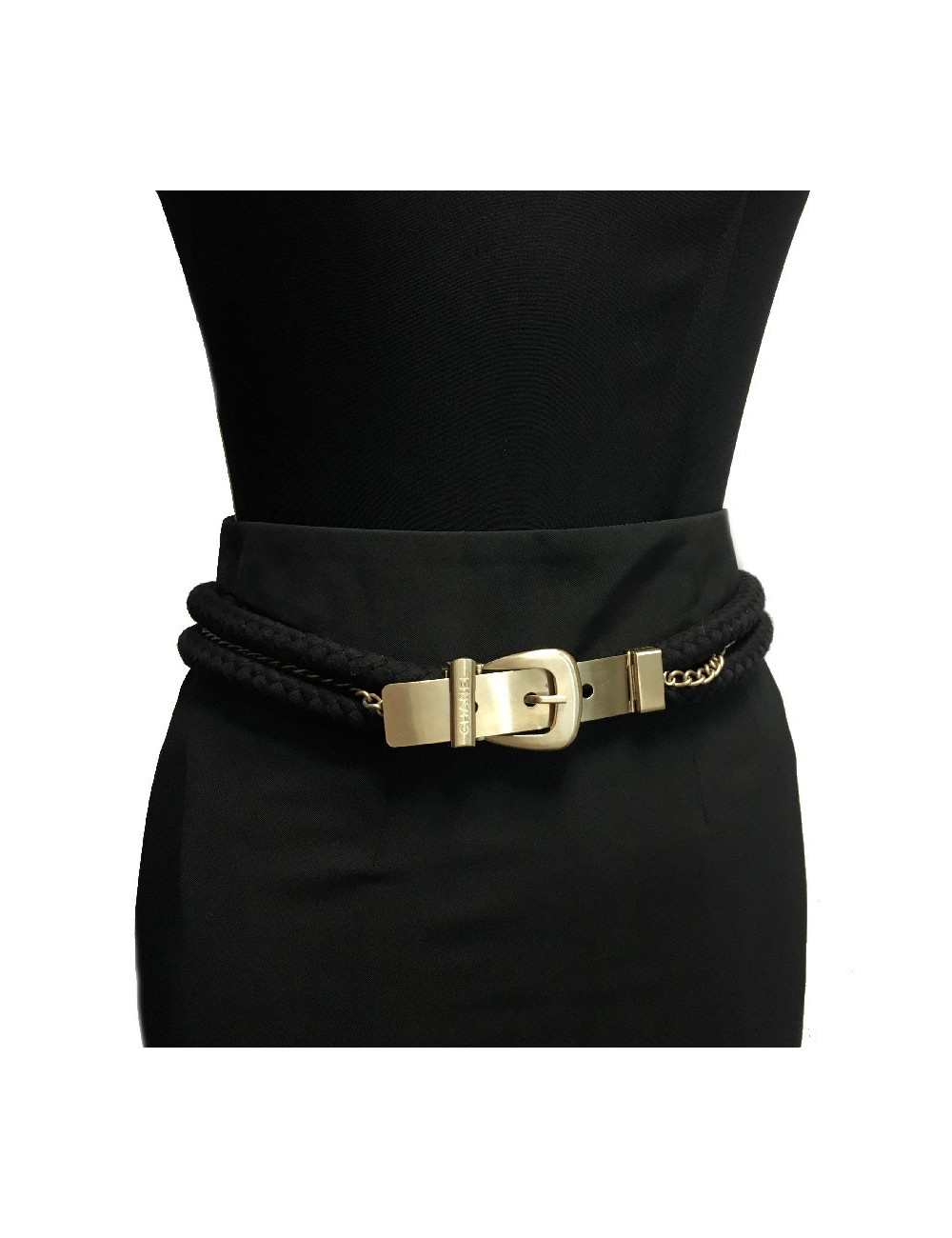 CHANEL belt in black rope and gilt metal