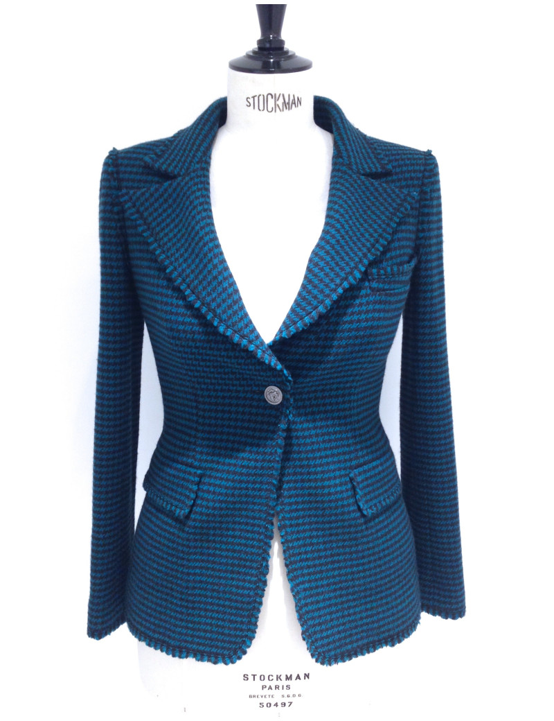 Veste CHANEL en tweed pied de poule bleu canard et noir T36