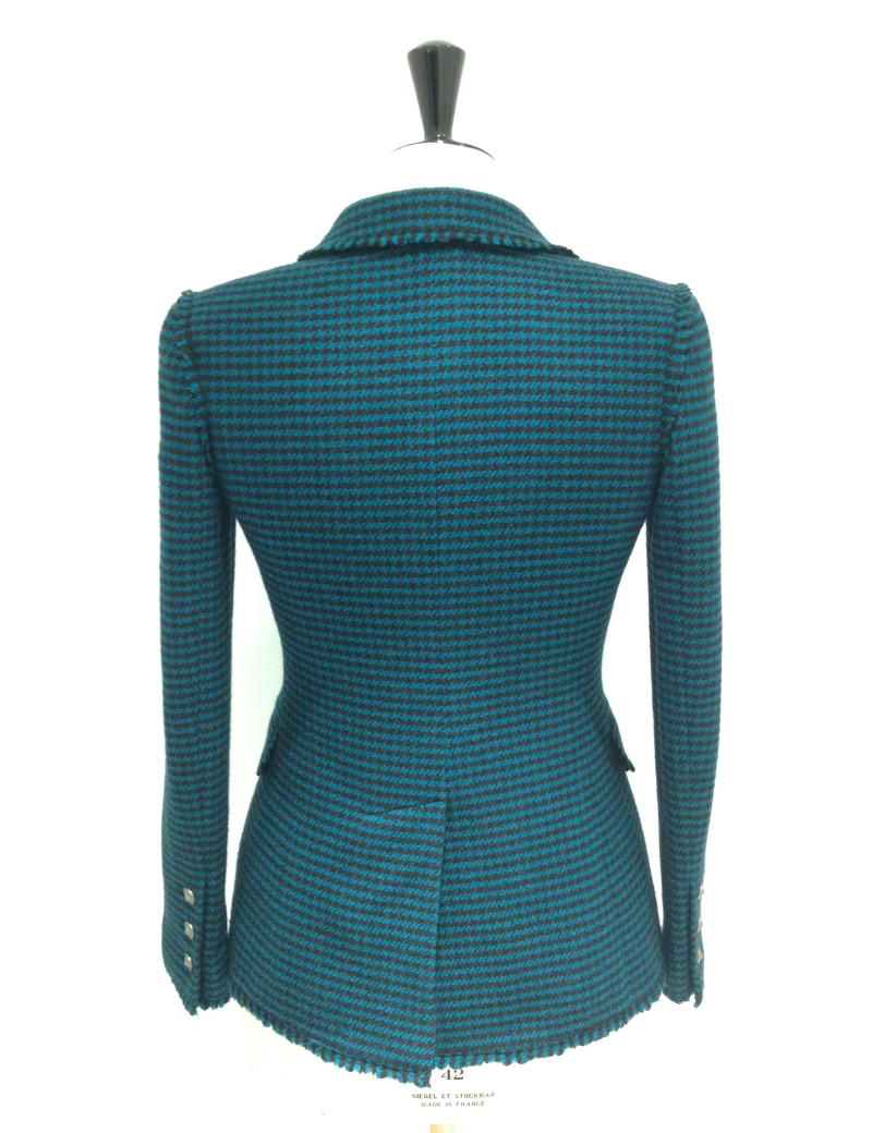 Veste CHANEL en tweed pied de poule bleu canard et noir T36