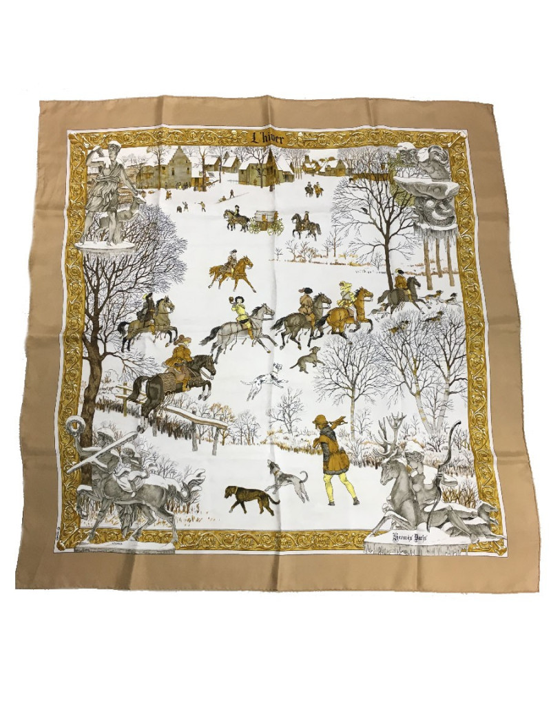 Carré HERMES L'hiver en soie beige