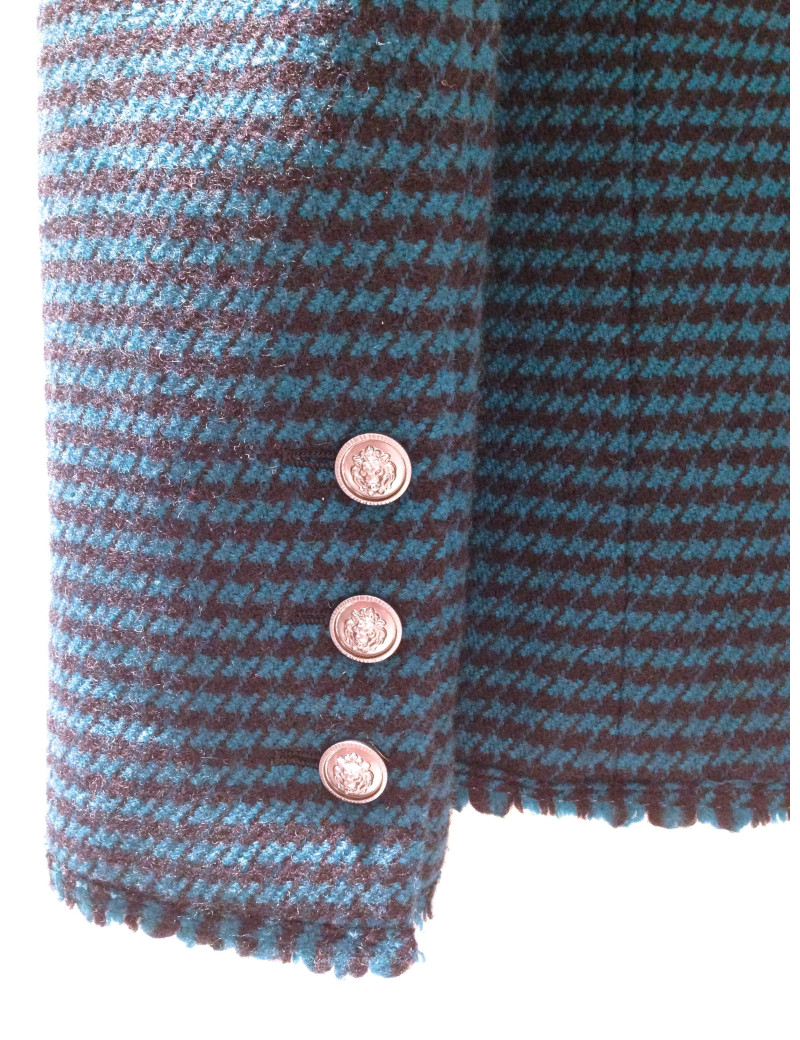 Veste CHANEL en tweed pied de poule bleu canard et noir T36