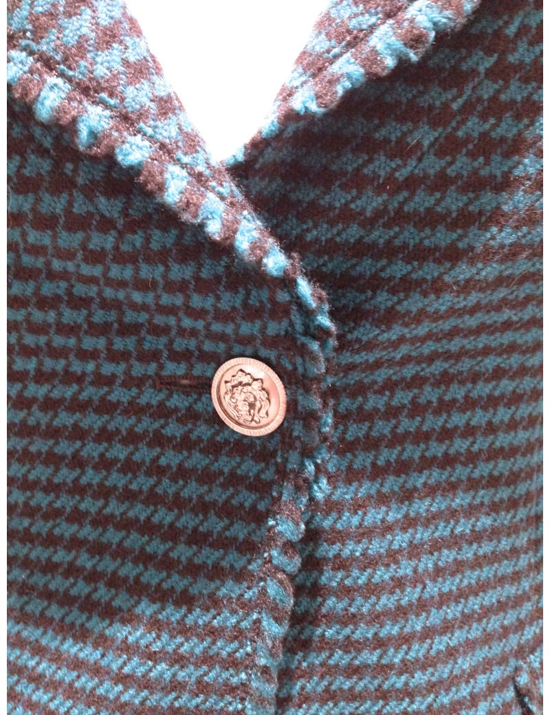 Veste CHANEL en tweed pied de poule bleu canard et noir T36
