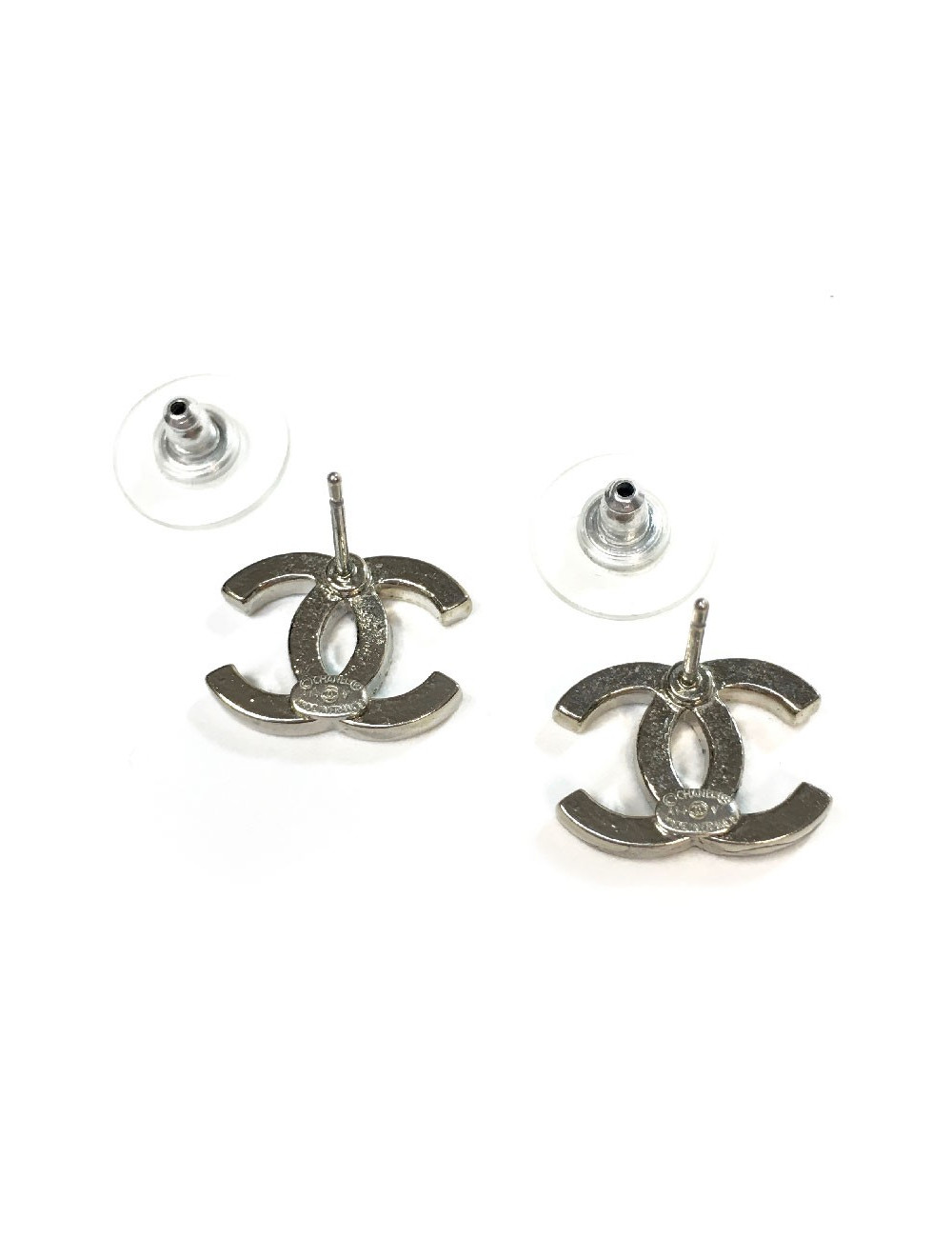 Boucles d'oreilles Clous CHANEL strass et métal argenté