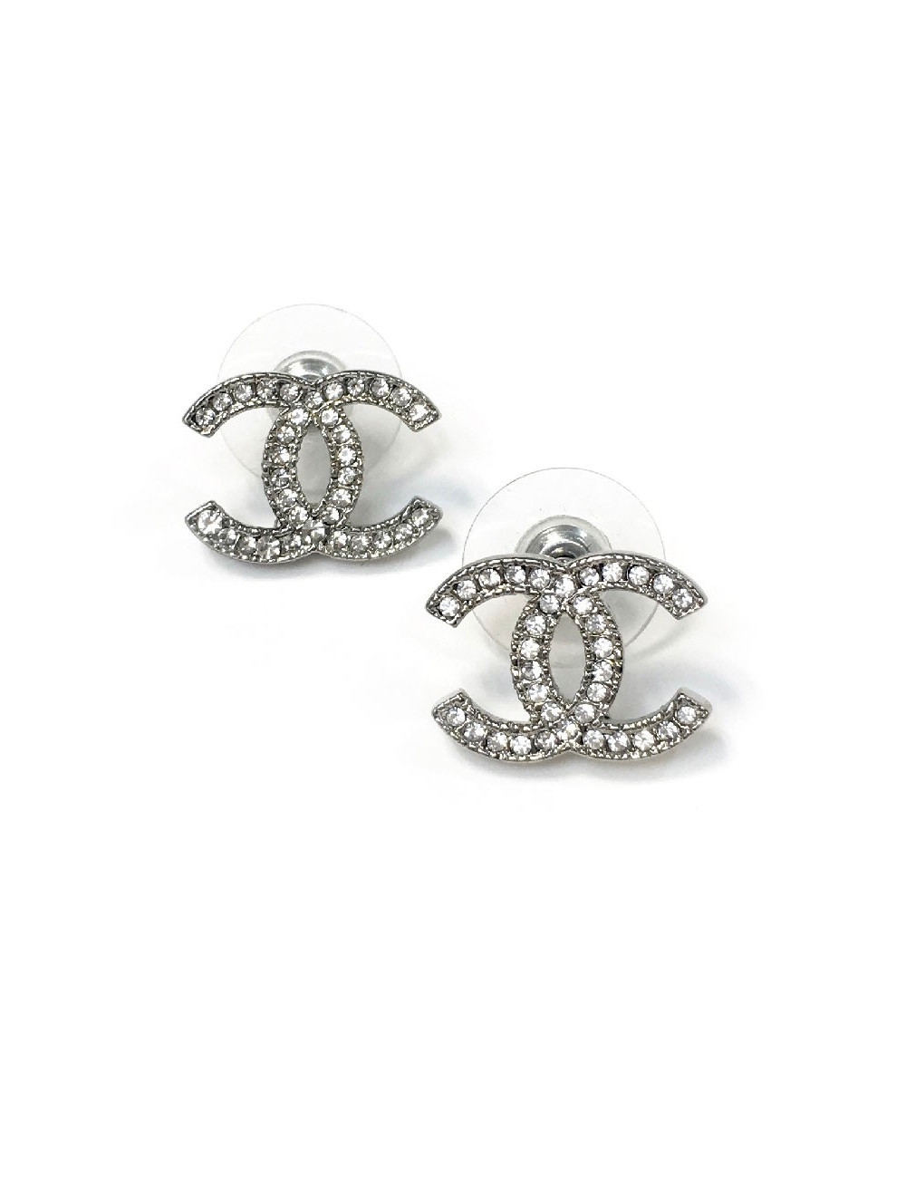 Boucles d'oreilles Clous CHANEL strass et métal argenté