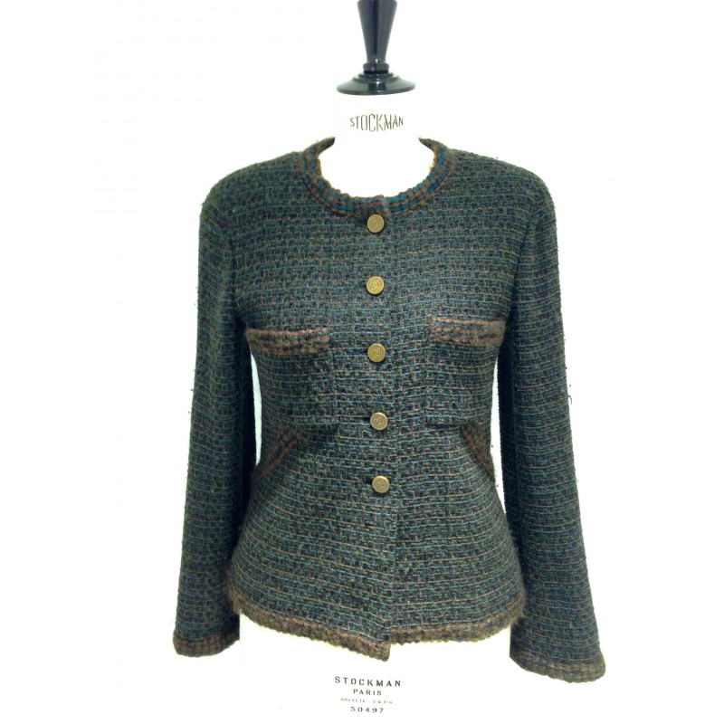CHANEL jacket dark green tweed and ornaments bronze T 40 - VALOIS