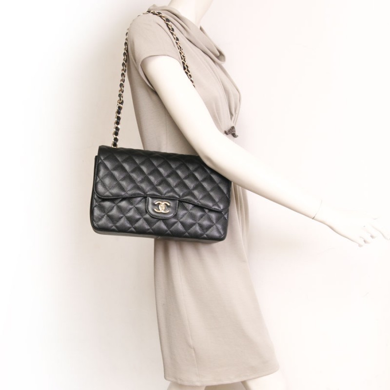 Chanel jumbo double flap bag in black caviar leather - VALOIS VINTAGE PARIS