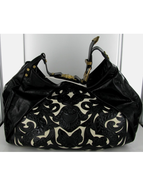 Sac en cuir verni noir et daim blanc cassÃ© BALMAIN