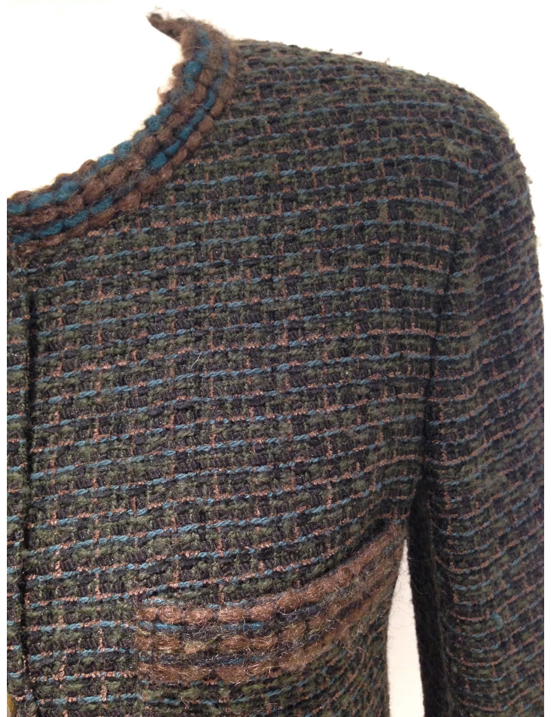 Veste CHANEL en tweed vert foncé et ornements bronze T 40