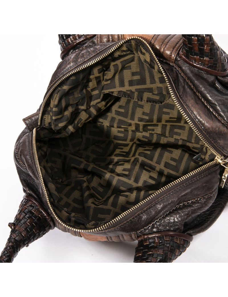 Sac FENDI spy mini cuir grainé marron foncé et camel