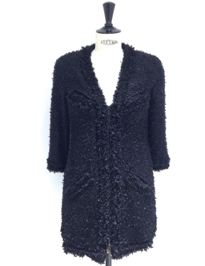 Veste CHANEL mi-longue en tweed noir irisé T 34