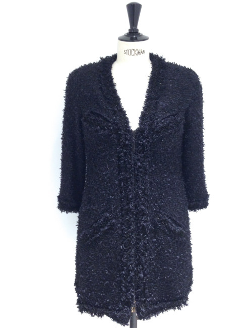Veste CHANEL mi-longue en tweed noir irisé T 34