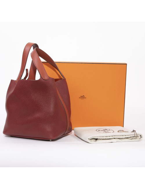 Sac Picotin HERMES cuir taurillon clémence bicolore rouge H et rouge casaque