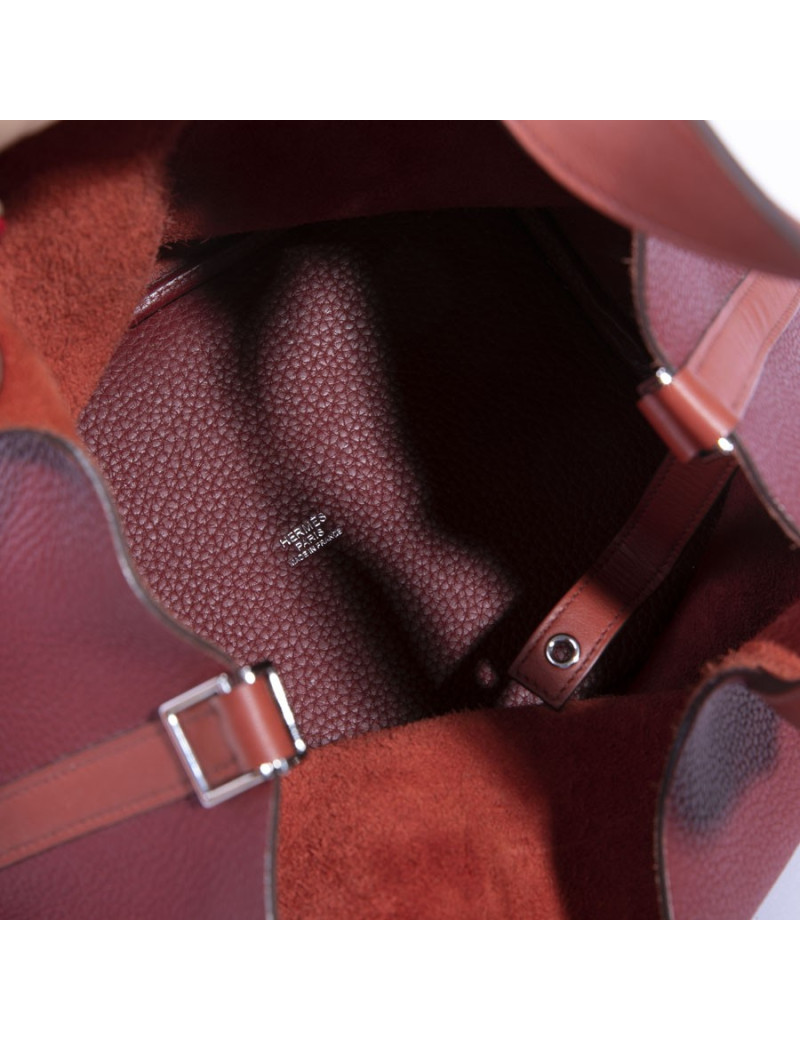 Sac Picotin HERMES cuir taurillon clémence bicolore rouge H et rouge casaque