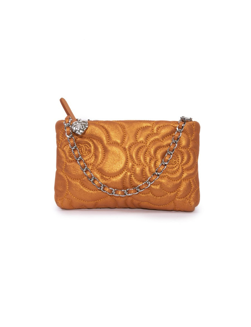 Pochette CHANEL cuir de veau brodé camélias orange cuivré