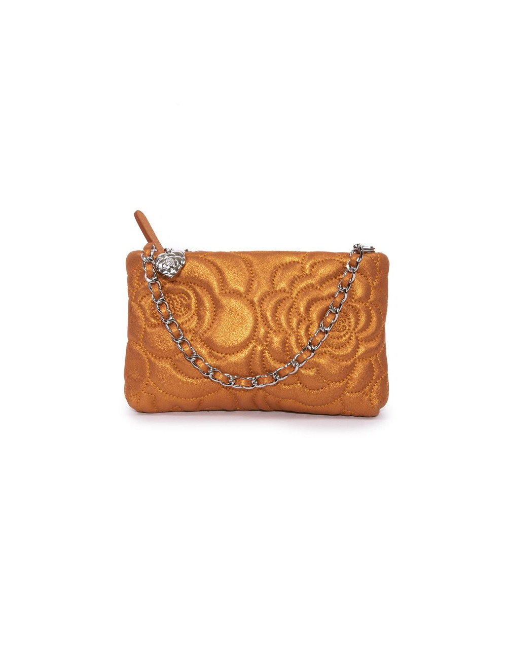 Pochette CHANEL cuir de veau velours irisé brodé camélias orange cuivré