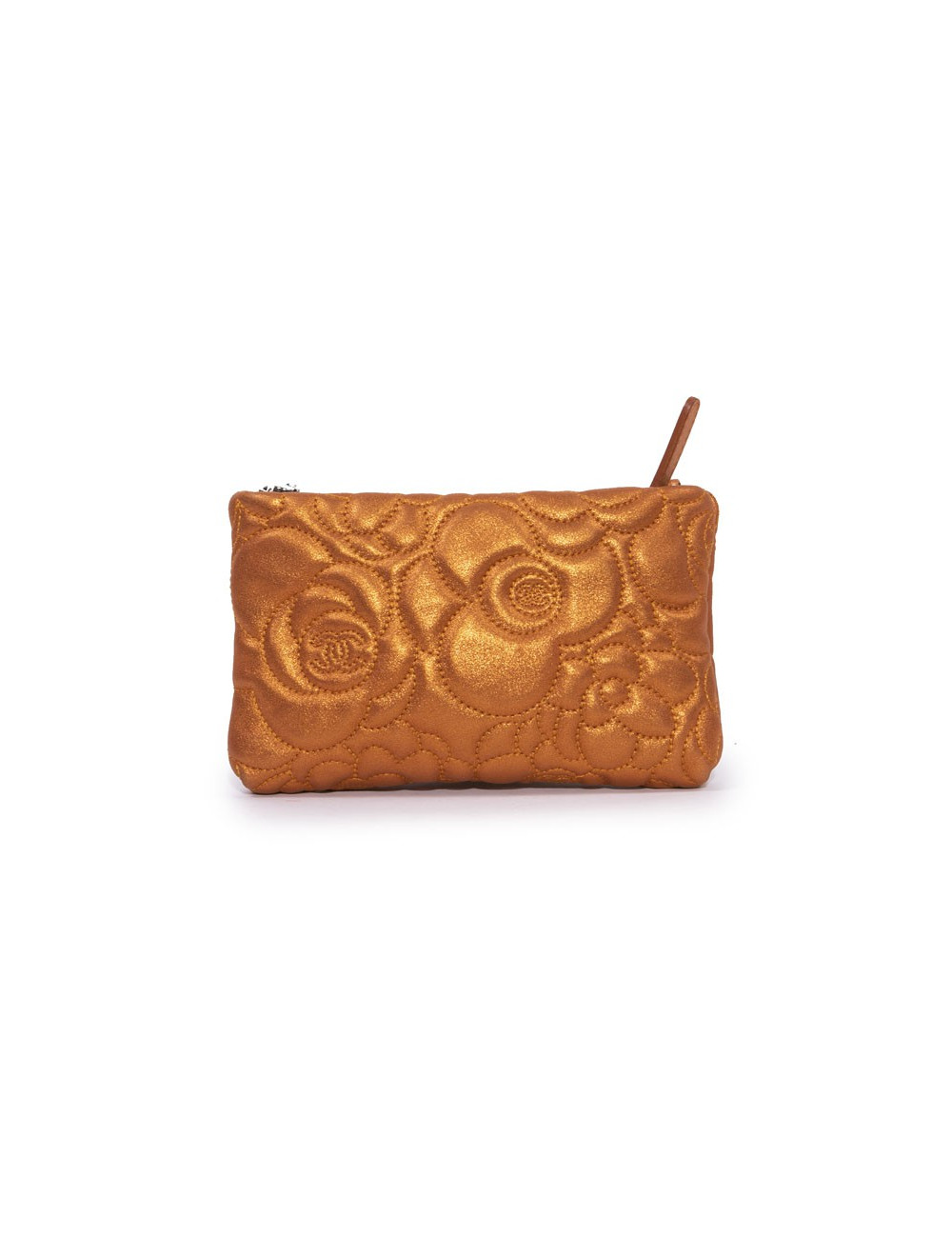 Pochette CHANEL cuir de veau velours irisé brodé camélias orange cuivré