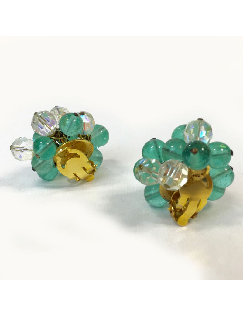 Boucles d'oreille CHANEL vintage perles pâte de verre vert d'eau
