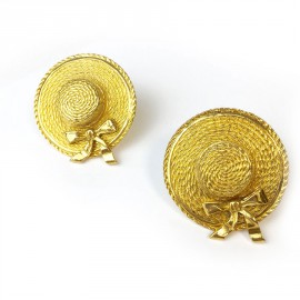 Boucles d'oreille clips CHANEL chapeau vintage doré