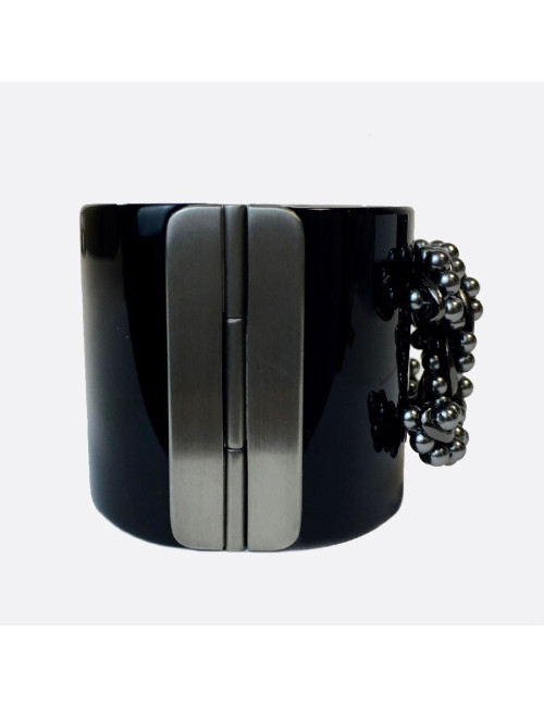 CHANEL cuff bracelet in black plexi and CC in gunmetal color