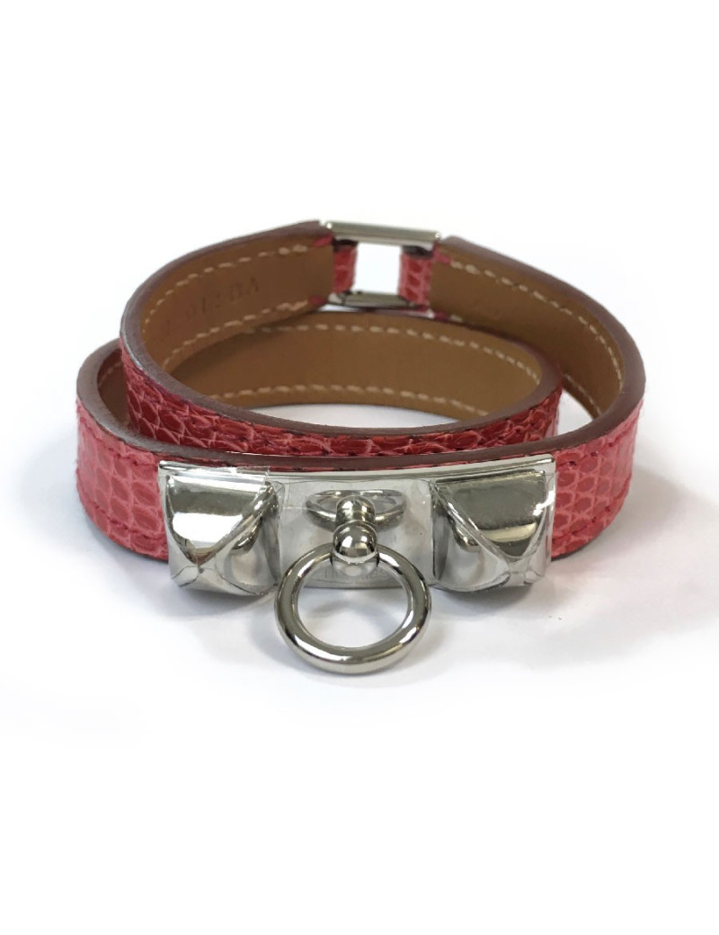 Bracelet Rivale double  HERMES cuir lezard bougainvilliers