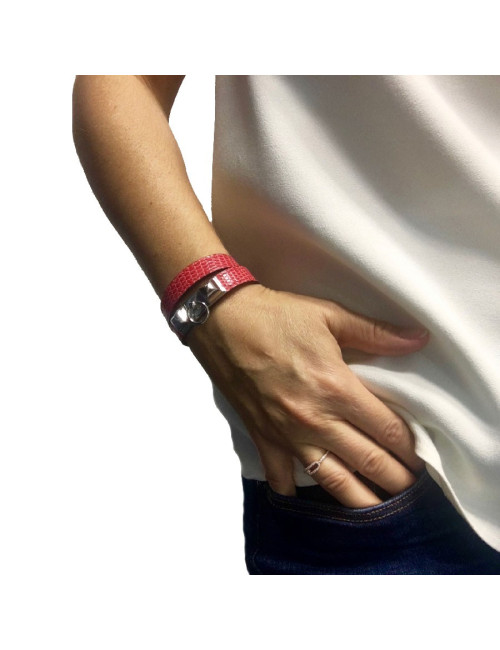 Bracelet Rivale double HERMES XS cuir lézard bougainvilliers