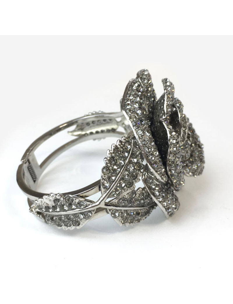 Bracelet camélia métal argent et strass