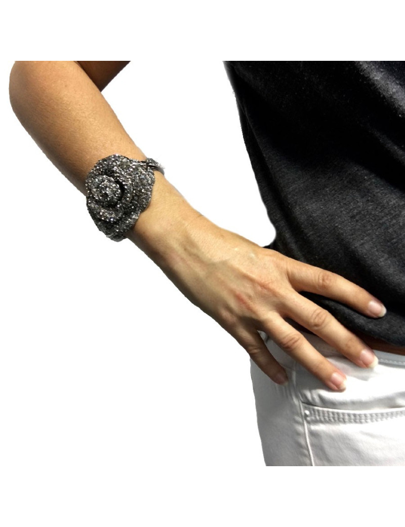 Bracelet camélia métal argent et strass