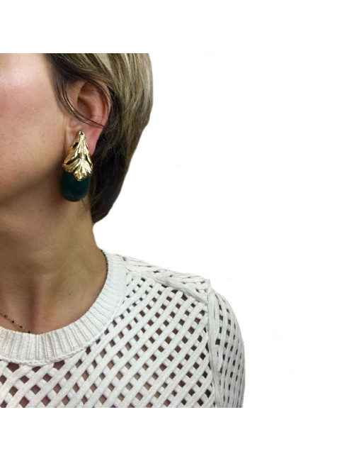 Boucles d'oreille clips ISABEL CANOVAS dorées et vert malachite