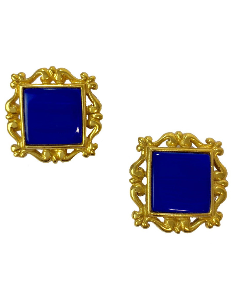 Boucles d'oreille clips YSL SAINT LAURENT en métal doré et résine bleue